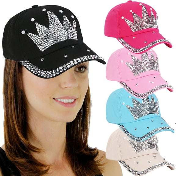 Visland Womens Sun Hat Chic Shiny Rhinestone Crown Baseball Cap with Adjustable Buckle