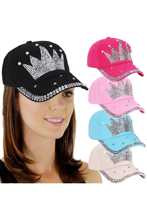 Womens Sun Hat Chic Shiny Rhinestone Crown Baseball Cap with Adjustable Buckle