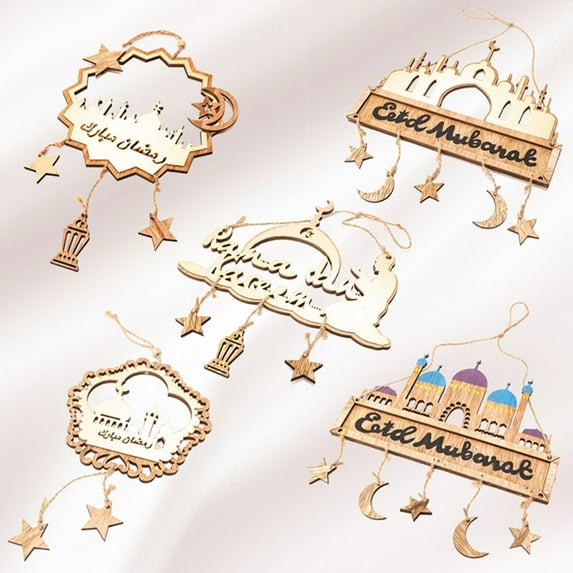 Visland Wooden Eid Mubarak Pendant Desktop Muslim Islamic Festival Ornaments Eid Al-Adha Gifts Ramadan Home Decoration