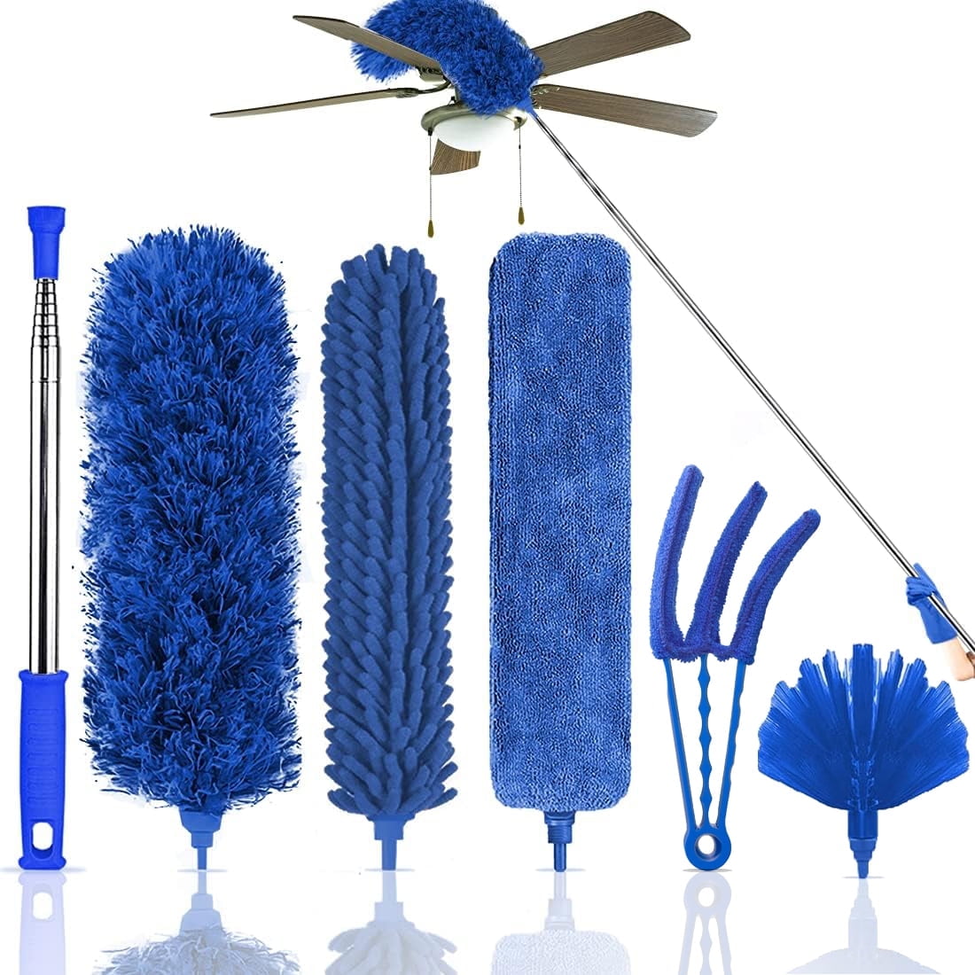 Vislone Microfiber Feather Duster, 6pcs Washable Cobweb Dusters with 100 Extension Long Pole Cleaning Kit, Bendable Telescopic Duster for Ceiling Fan, Blinds, Furniture, Cars