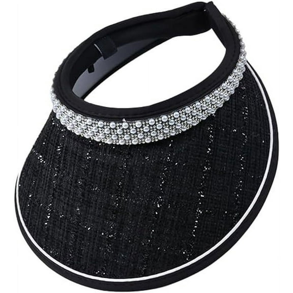 Visor Hats for Women, Summer Pearl Wide Brim Sun Hat Clip on UPF 50+ UV Protection Caps for Outdoor Sports Travel and Beach, Head Open-top Hat, Black