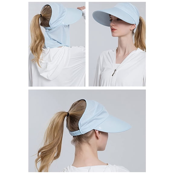 Visor Hats for Women, Summer Wide Brim Sun Hat with Ponytail Hole & Removeable Flap, Breathable Quick-Drying UPF 50  UV Protection Caps, Blue