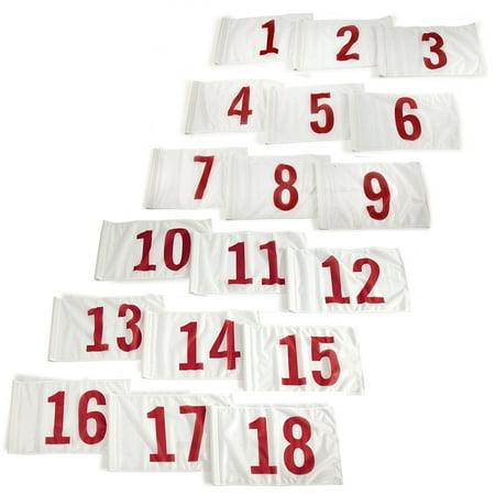 Vispronet 20in x 14in Numbered Golf Flag Flags 1-18 Fabric is Lightweight, Durable, and Flame Retardant - White Flag with Red Numbers