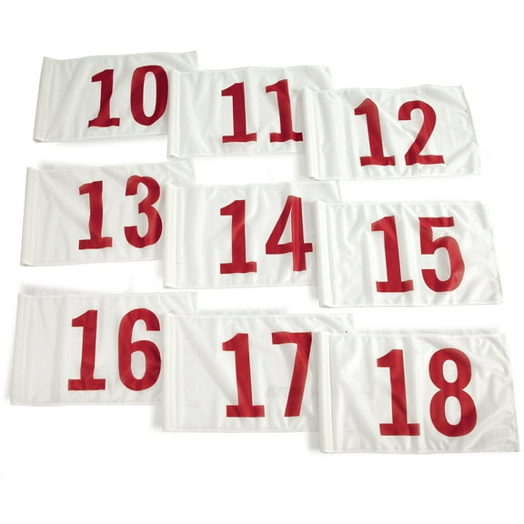 Vispronet 20in x 14in Numbered Golf Flags Flags 10-18 Fabric is Lightweight, Durable, and Flame Retardant - White Flag with Red Numbers