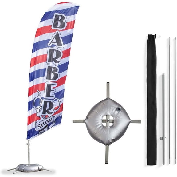 Vispronet Barber Shop Small Feather Flag Kit with Cross Base  Stands about 8.2ft Tall  Great for Businesses, Storefronts, Job Fairs, and Festivals  Printed in the USA