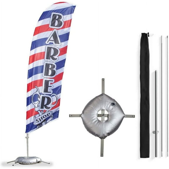 Vispronet Barber Shop Small Feather Flag Kit with Cross Base – Stands about 8.2ft Tall – Great for Businesses, Storefronts, Job Fairs, and Festivals – Printed in the USA