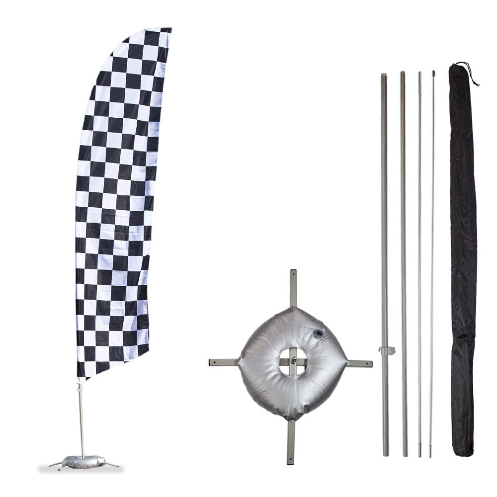 Vispronet Black/White Checkered Feather Flag Kit - 13.5ft Knitted Polyester Swooper Flag with Pole Set, Cross Base and Weight Bag - Printed in The USA