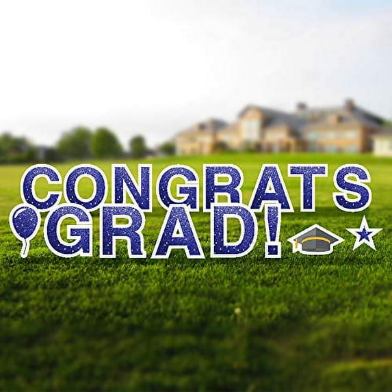 Vispronet Congrats Grad Yard Sign with Stakes – Each Letter is 18in Tall – Weather-Resistant Signs and Steel Stakes – Highschool and College Graduation Decorations (Faux Glitter Dark Blue)