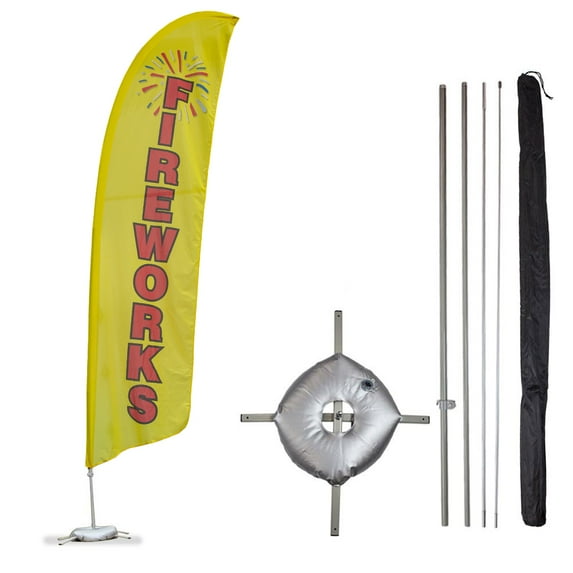 Vispronet Fireworks Feather Flag, 13.5ft, Pole Set, Cross Base, Weight Bag