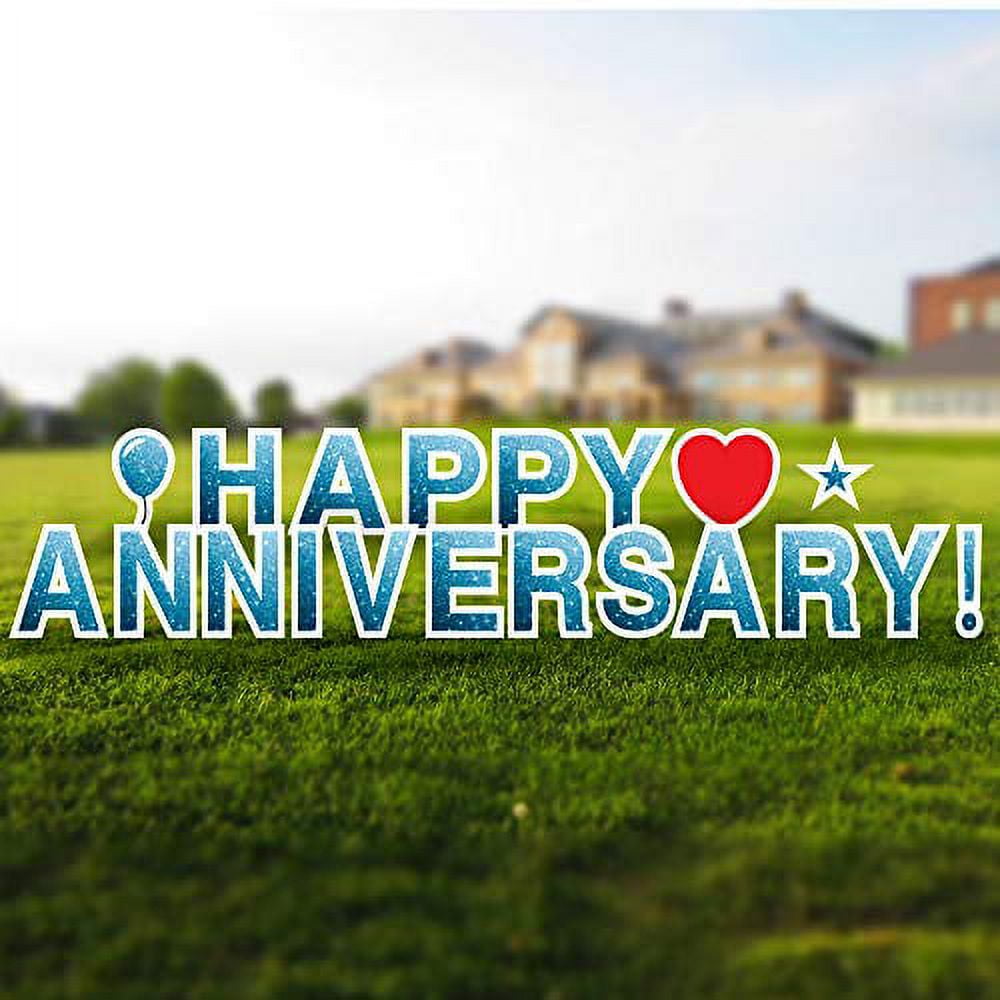 Vispronet Happy Anniversary Yard Signs with Stakes – Each Letter is 18in Tall – Made from Durable Coroplast - Weather-Resistant Signs and Steel Stakes (Faux Glitter Blue)