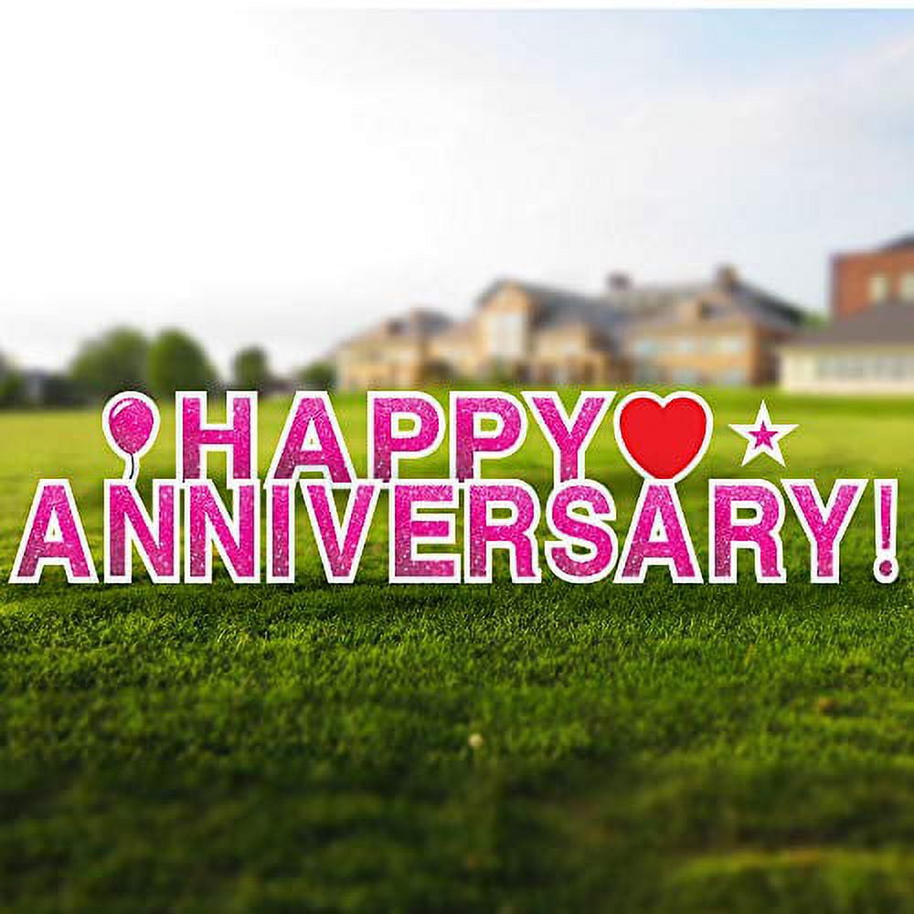 Vispronet Happy Anniversary Yard Signs with Stakes – Each Letter is 18in Tall – Made from Durable Coroplast - Weather-Resistant Signs and Steel Stakes (Faux Glitter Bright Pink)