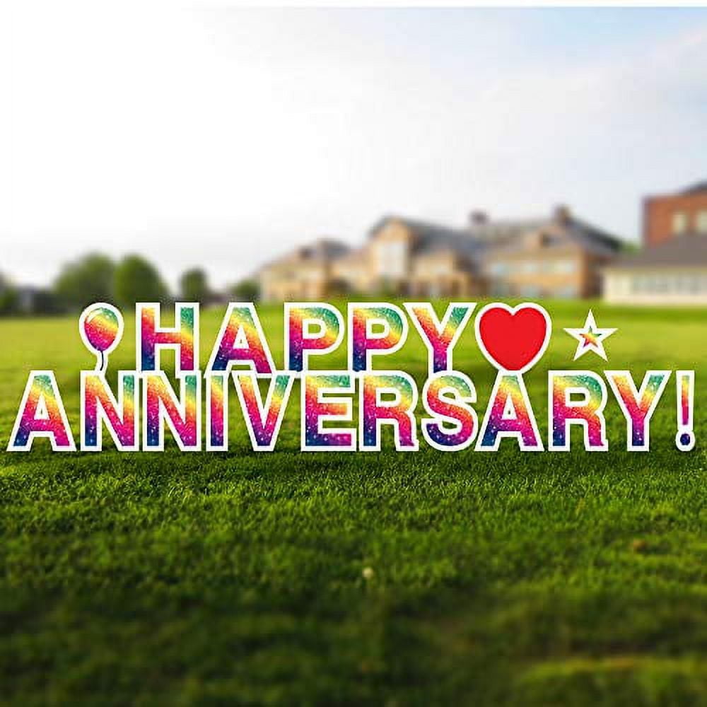 Vispronet Happy Anniversary Yard Signs with Stakes – Each Letter is 18in Tall – Made from Durable Coroplast - Weather-Resistant Signs and Steel Stakes (Faux Glitter Rainbow)