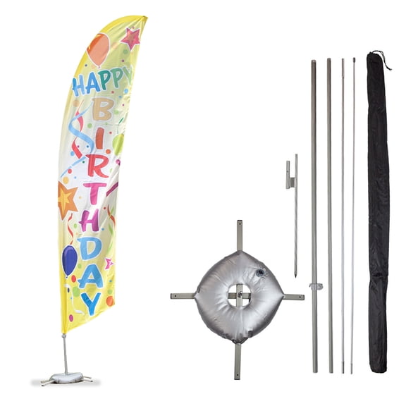 Vispronet Happy Birthday Feather Flag Kit – 13.5ft Pole Set, Ground Stake, Cross Base, Weight Bag, and Pole Sleeve Bag – Great for Birthday Celebrations, Parties and Venues – Printed in The USA