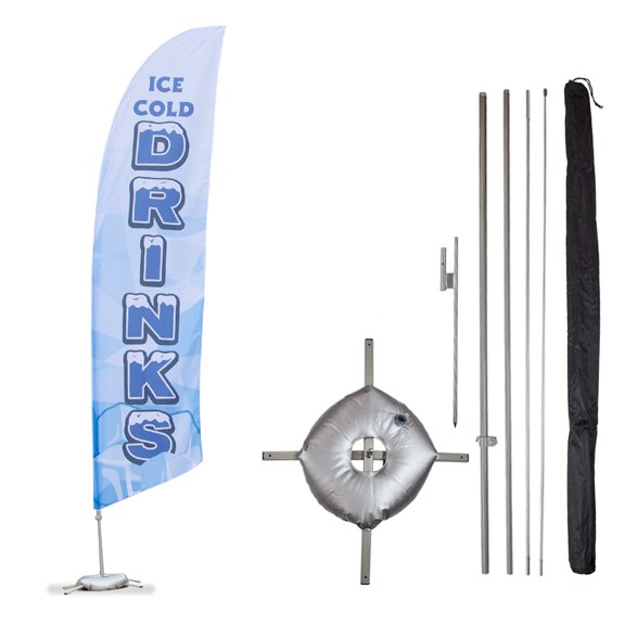 Vispronet – Ice Cold Drinks Feather Flag Kits - 13.5ft Flag Complete Pole Set, Ground Stake, Cross Base and Weight Bag – Great for Businesses, Storefronts, and Sales - Printed in The USA