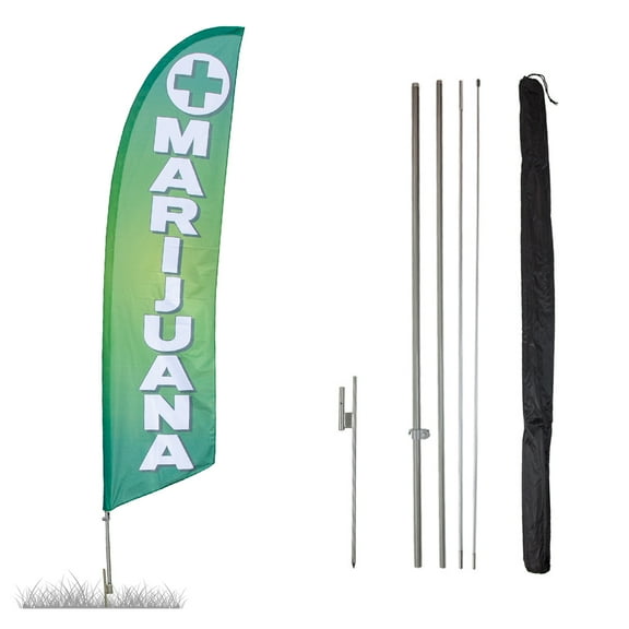 Vispronet Marijuana Feather Flag - Made from Tear-Resistant Knitted Polyester, Visible from Both Sides - 2.6ft x 11.2ft Swooper Flag with Ground Stake