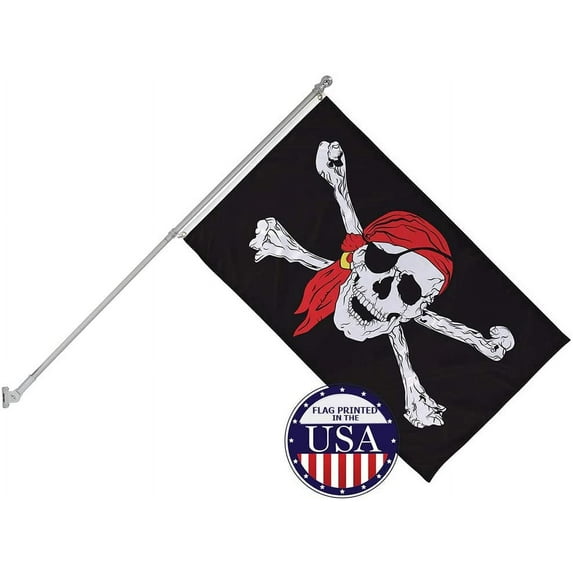 Vispronet Pirate Flags Jolly Roger Collection – Red Jolly Roger Flag and 6ft Flagpole with Mounting Bracket – 3ft x 5ft Polyester Flag – Made in The USA…