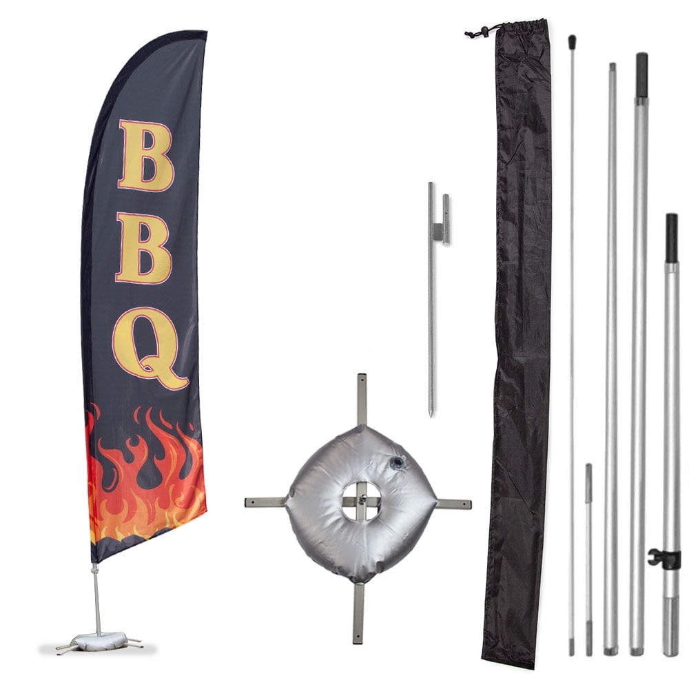 Vispronet Premium BBQ Feather Flag Kit - Includes 13ft Sectional Aviation Grade Fiberglass Poles, BBQ Flag, Cross Base, Weight Bag, Ground Spike Pole Sleeve Bag