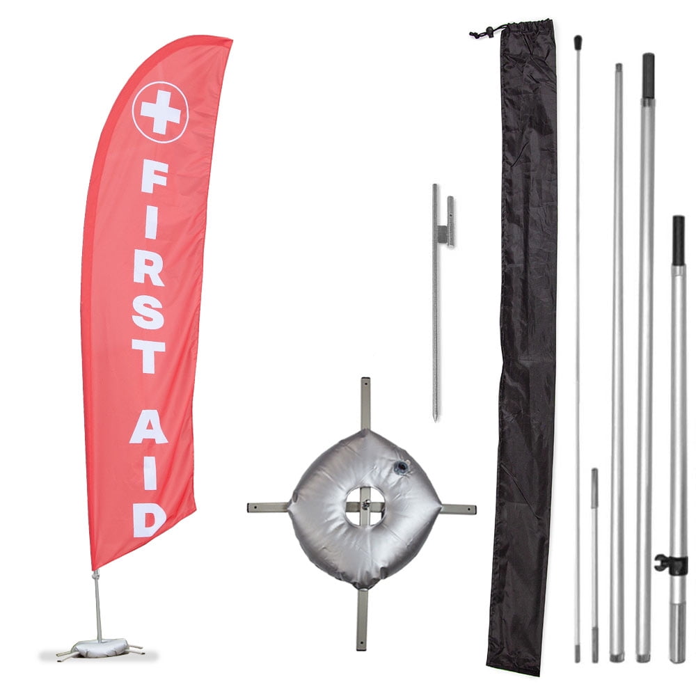 Vispronet Premium First Aid Feather Flag Kit - Includes 13ft Sectional Aviation Grade Fiberglass Poles, First Aid Flag, Cross Base, Ground Spike, and Pole Sleeve Bag