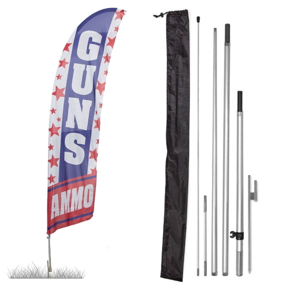 Vispronet Premium Guns & Ammo Feather Flag, 13ft Flag, Flagpole Kit with Ground Stake, Pole Sleeve Bag