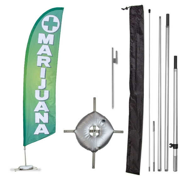 Vispronet Premium Marijuana Feather Flag - Made from Tear-Resistant Knitted Polyester, Visible from Both Sides - 2.6ft x 11.2ft Swooper Flag with Both Bases