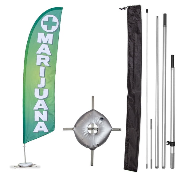 Vispronet Premium Marijuana Feather Flag - Made from Tear-Resistant Knitted Polyester, Visible from Both Sides - 2.6ft x 11.2ft Swooper Flag with Cross Base