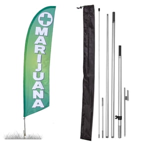 Vispronet Premium Marijuana Feather Flag - Made from Tear-Resistant Knitted Polyester, Visible from Both Sides - 2.6ft x 11.2ft Swooper Flag with Ground Stake