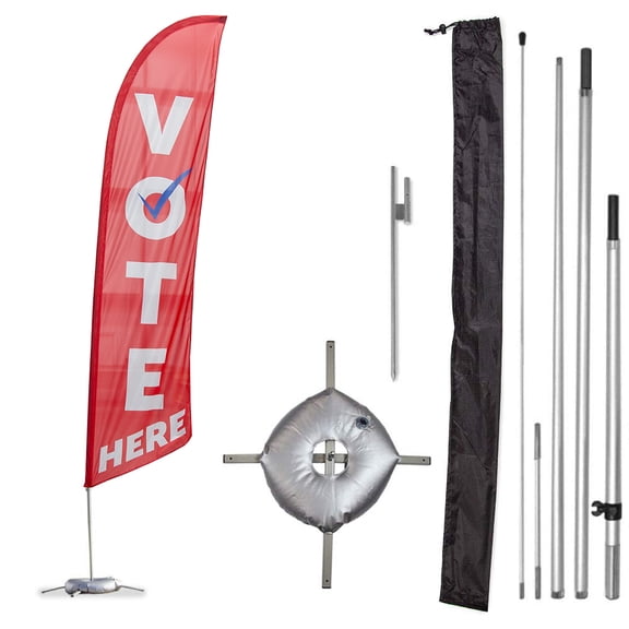 Vispronet Premium Vote Here Feather Flag Kit, 13ft Red Vote Flag, Pole Set, Both Bases