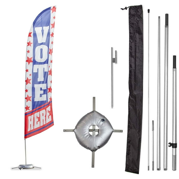 Vispronet Premium Vote Here Feather Flag Kit, 13ft Red White & Blue Vote Flag, Pole Set, Both Bases