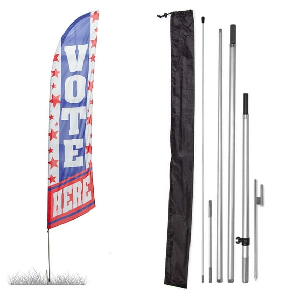 Vispronet Premium Vote Here Feather Flag Kit, 13ft Red White & Blue Vote Flag with Pole Set, Ground Spike