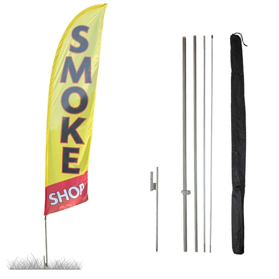 Vispronet Smoke Shop Feather Flag, 13.5ft, Pole Set, Ground Spike