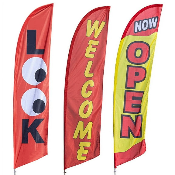 Vispronet Starter Business Feather Flag Bundle 3-Pack with Pole Set and Ground Sleeves - Includes Business Flags with Look, Now Open, and Welcome Sign for Flag Pole and Garden