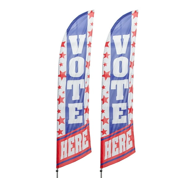 Vispronet Vote Here Feather Flag Kit 2 Pack Bundle, 13.5ft Red White & Blue Voting Flag with Ground Stakes & Pole Sets