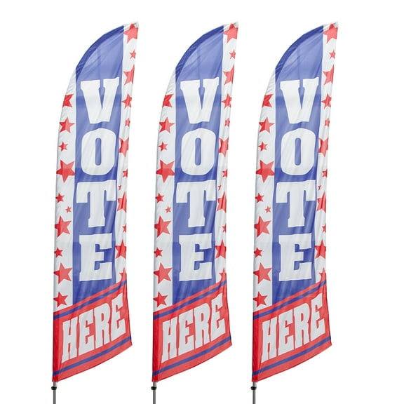 Vispronet Vote Here Feather Flag Kit 3 Pack Bundle, 13.5ft Red White & Blue Voting Flag with Ground Stakes & Pole Sets