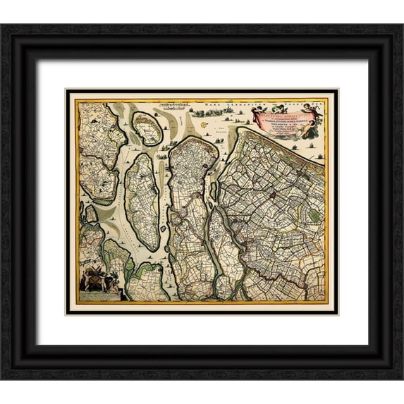 Visscher 17x15 Black Ornate Wood Framed with Double Matting Museum Art Print Titled - South Holland Netherlands - Visscher 1681
