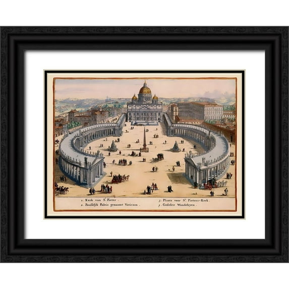 Visscher 24x19 Black Ornate Wood Framed with Double Matting Museum Art Print Titled - Panoramic Italy Vatican City - Visscher 1681