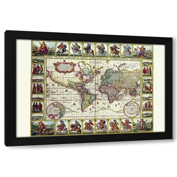 Nicolas Visscher 18x13 Black Modern Wood Framed Wall Art Titled - World Map of lands and waterways