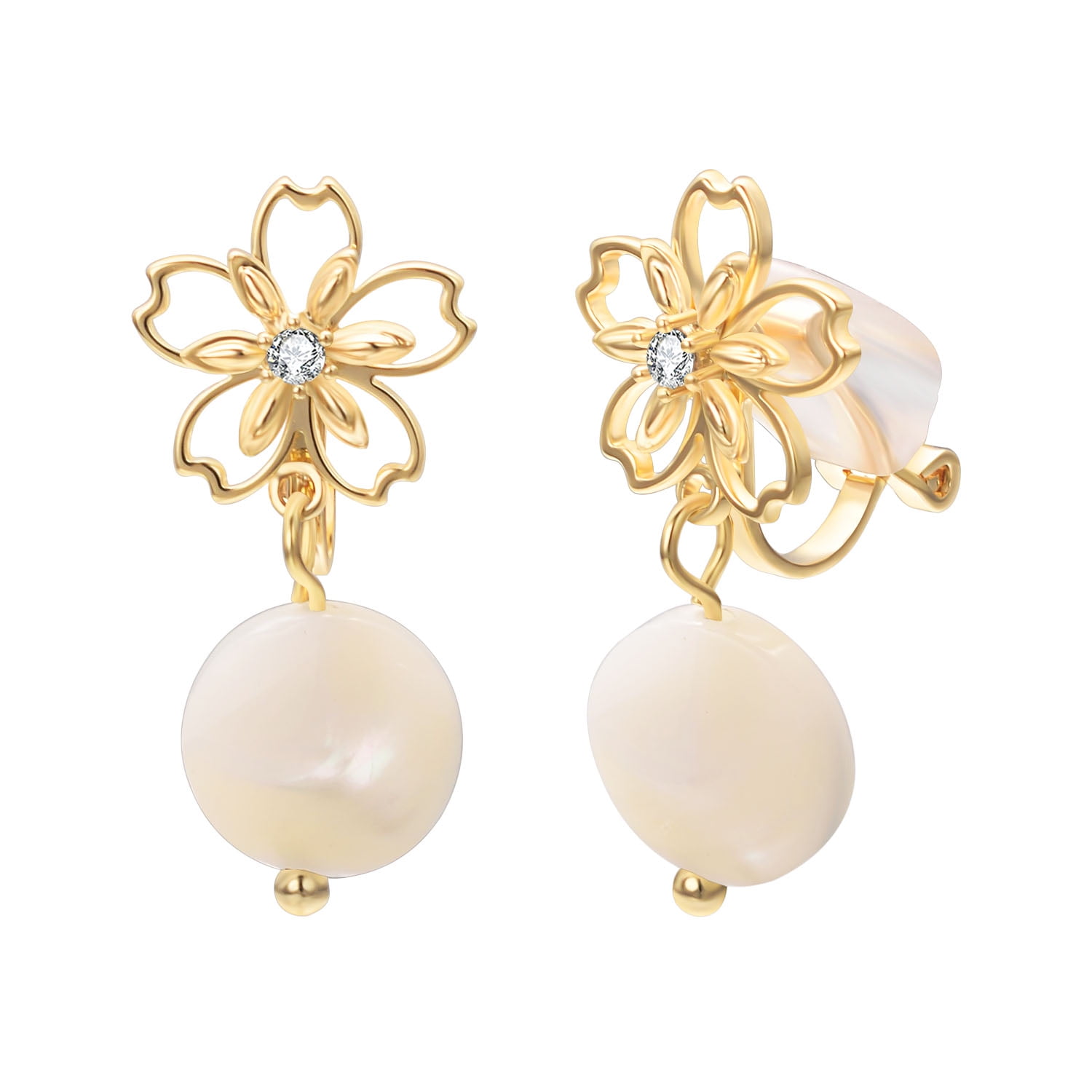 Vissen Gold Flower Cubic Zirconia Clip on Earrings for Women Non Pierced Faux Pearl Earrings Jewelry