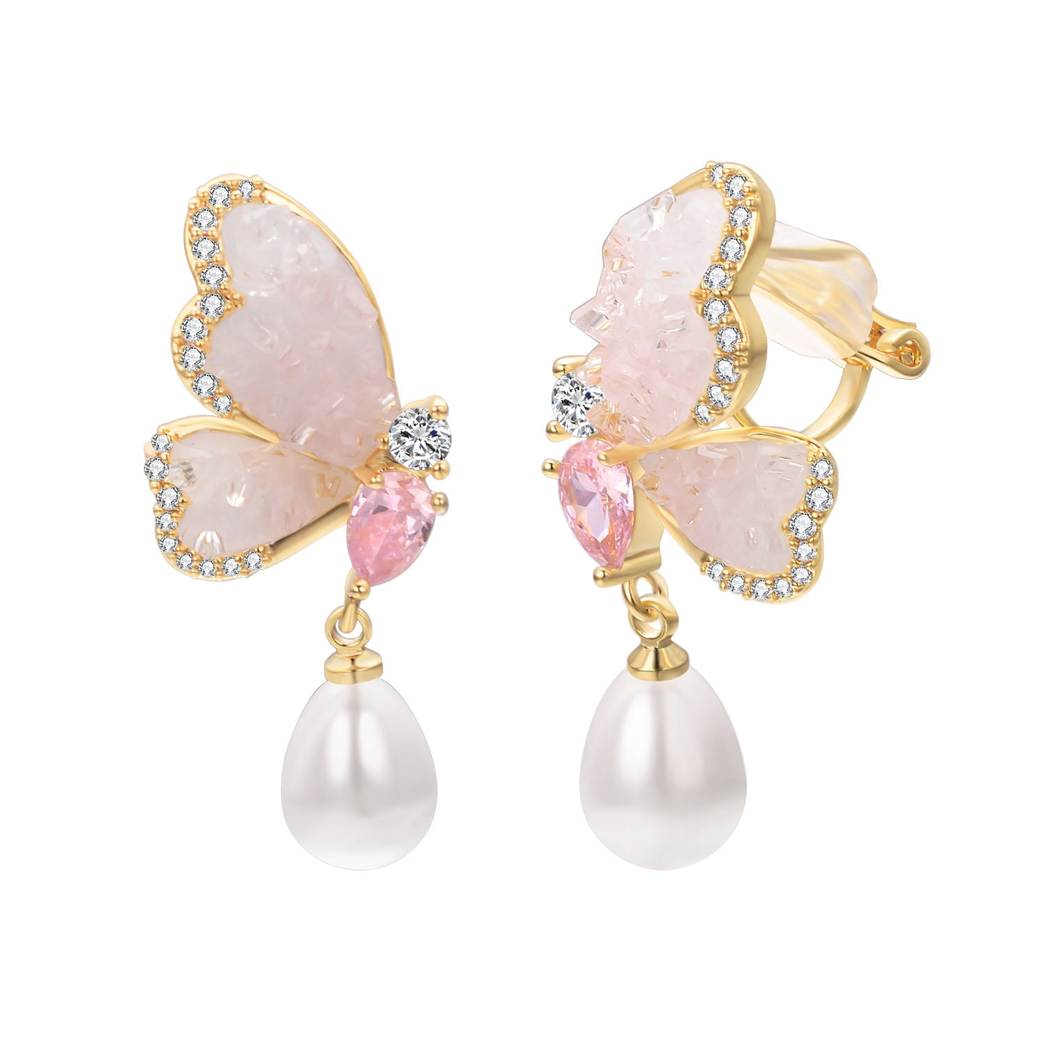 Vissen Light Pink Clip on Earrings for Women Butterfly Crystal Teardrop Pearl Clip-on Earrings Trendy Jewelry