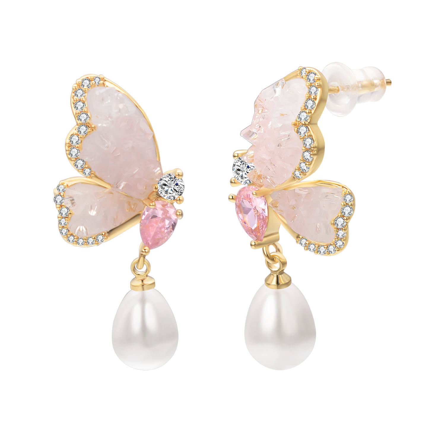 Vissen Light Pink Crystal Earrings for Women Butterfly Teardrop Pearl Stud Earrings Trendy Jewelry