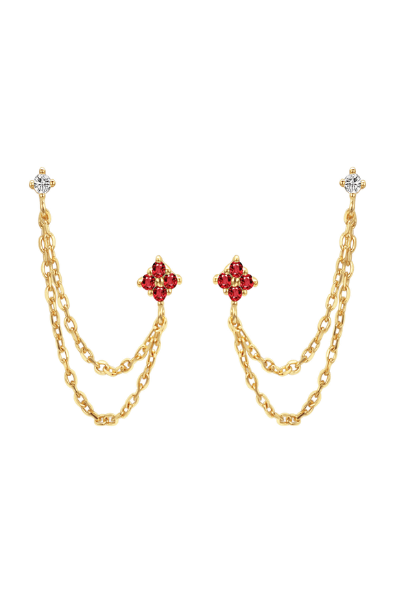 Red Crystal Double Layer Chain Crawler Earrings For Women Gold Two Piercing Chain Drop Studs