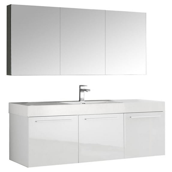 Fresca Vista 60" White Wall Hung Single Sink Modern Bathroom Vanity w/ Medicine Cabinet