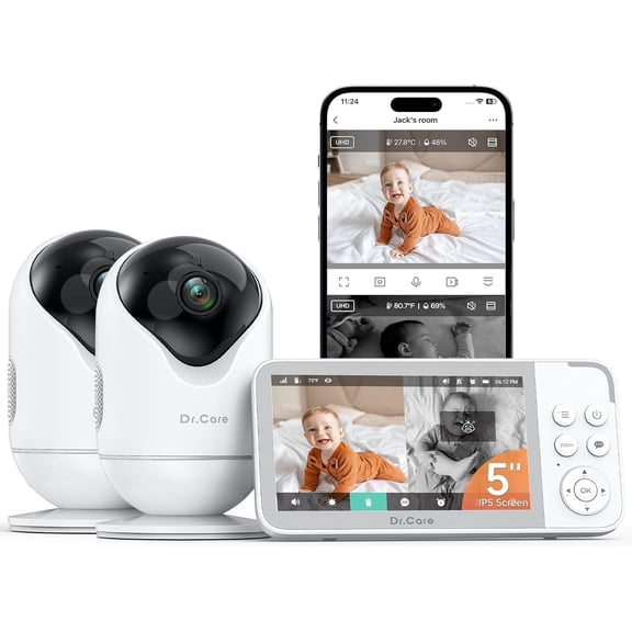 VistaView 5 Smart WiFi Baby Monitor with 2 Camaras - 2K Camera App Control & 1080P Split Screen, Cry & Motion Detection, Pan-Tilt-Zoom, HD Night Vision, Video Recording, Triple Security