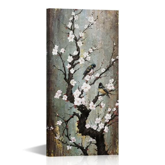 Visual Art Decor  12 x 24 inch Framed Canvas Wall Art Abstract Graceful Birds Plum Blossom Trees Giclee Floral Prints for Living Room & Bedroom Decor Vertical Artwork