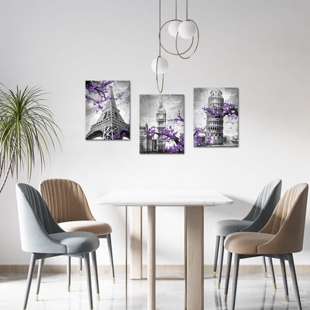 Visual Art Decor 12x16 Inch Framed Modern Purple Paris Eiffel Tower Canvas Art Prints