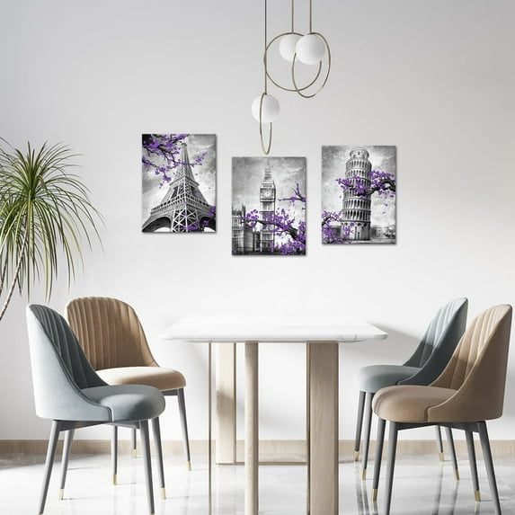 Visual Art Decor 12x16 Inch Framed Modern Purple Paris Eiffel Tower Canvas Art Prints