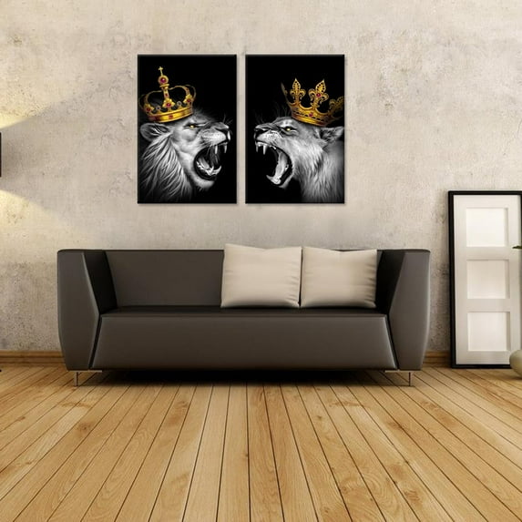 Visual Art Decor 2 Pieces 16x24 inch Framed Canvas Wall Art King Lion and Lioness Animal Black and White Lion with Gold Crown Picture Art Prints for Home Decoration