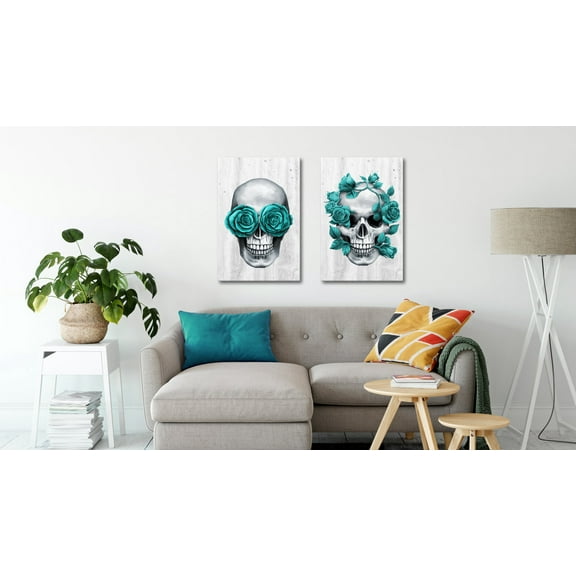 Visual Art Decor 2 Pieces 16x24 inch Modern Framed Canvas Wall Art Set Clearance Human Skull Skeleton Head with cyan Rose Vintage Wall Art Decor Prints Pictures Posters Artwork Decoration