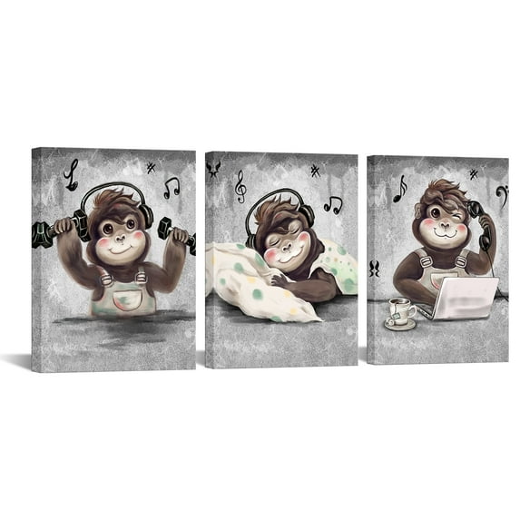 Visual Art Decor 3 Piece 12 x 16inch Monkey Animal Framed Wall Art Clearance Funny Chimpanzee Wall Decor Prints Pictures Posters Artwork for Kids Painting for Bedroom Home Decoration