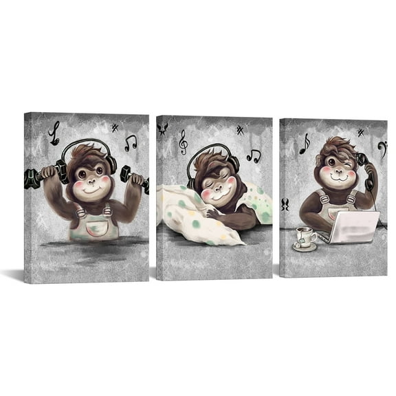 Visual Art Decor 3 Piece 12 x 16inch Monkey Animal Framed Wall Art Clearance Funny Chimpanzee Wall Decor Prints Pictures Posters Artwork for Kids Painting for Bedroom Home Decoration