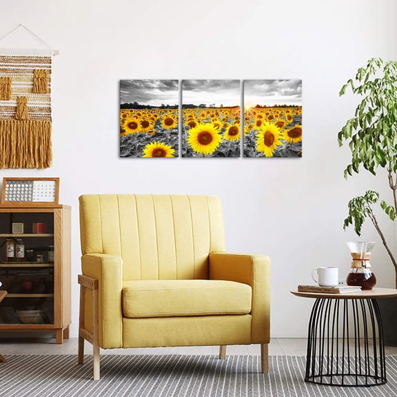 Visual Art Decor 3-Piece 12"x16" Framed Canvas Art Prints - Field of Blooming Sunflowers
